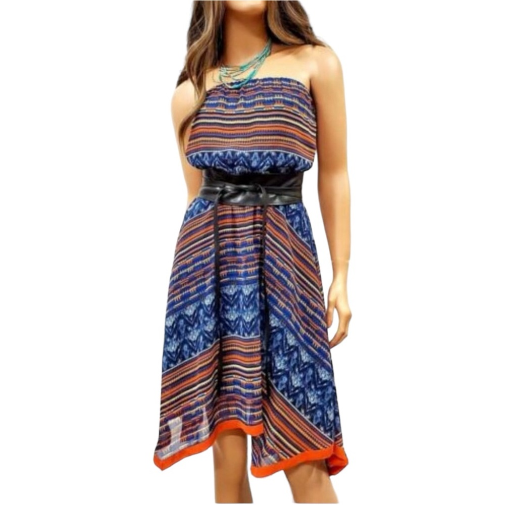 Maeve Anthropologie Boho Blue Orange Strapless Asymmetrical Dress - Size Large